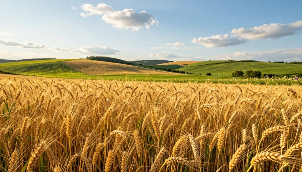 A picturesque landscape of the Lublin Upland showcasing vibrant fields of wheat and barley, the key cereal crops of the region. In the foreground, gently swaying golden wheat stalks catch the soft light of a late afternoon sun, their grains ripe and glistening. The middle ground features rolling hills with lush, green barley fields interspersed with patches of wildflowers, creating a vibrant color palette. In the background, a clear blue sky dotted with fluffy white clouds stretches over distant hills. The scene is illuminated by warm, golden sunlight, creating a serene and inviting atmosphere. The image should have a slight depth of field effect to emphasize the foreground crops, capturing the essence of agricultural vitality in the Lublin Upland. A picturesque landscape of the Lublin Upland showcasing vibrant fields of wheat and barley, the key cereal crops of the region. In the foreground, gently swaying golden wheat stalks catch the soft light of a late afternoon sun, their grains ripe and glistening. The middle ground features rolling hills with lush, green barley fields interspersed with patches of wildflowers, creating a vibrant color palette. In the background, a clear blue sky dotted with fluffy white clouds stretches over distant hills. The scene is illuminated by warm, golden sunlight, creating a serene and inviting atmosphere. The image should have a slight depth of field effect to emphasize the foreground crops, capturing the essence of agricultural vitality in the Lublin Upland.