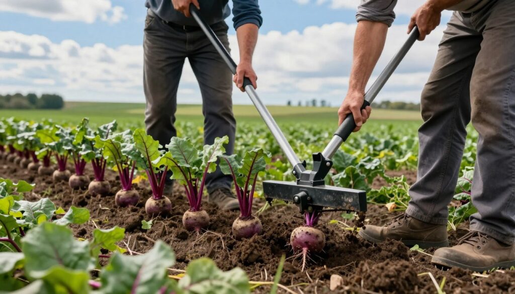 A picturesque scene of a farmer gently digging up sugar beets in a lush, green field using modern harvesting tools. In the foreground, the farmer, dressed in modest casual clothing, carefully uncovers the beetroots from the rich, dark soil, with dirt clinging to their surfaces. In the middle ground, clusters of upright sugar beets are partially visible, showcasing their vibrant purple and green leaves. The background features a backdrop of rolling farmland under a bright blue sky dotted with fluffy white clouds, casting soft, natural light over the landscape. The atmosphere is serene and industrious, reflecting the hard work and care taken during the harvesting season. The composition emphasizes the joy of agricultural work while highlighting key techniques for safe vegetable excavation.