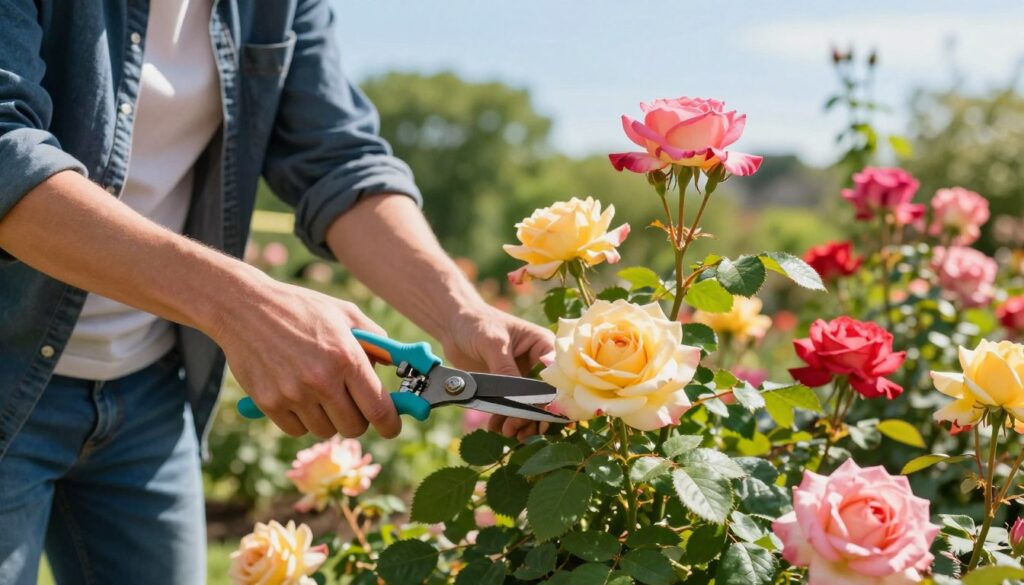 A professional gardener in modest casual clothing carefully pruning large-flowered and shrub roses in a vibrant spring garden. In the foreground, focus on the gardener's hands delicately trimming the rose bush with pruning shears, showcasing lush green leaves and bright blooms. The middle ground features a variety of roses in full bloom, their petals in shades of pink, red, and yellow, emphasizing their health and vigor. The background includes soft-focus garden elements, like greenery and a clear blue sky, with warm, natural sunlight filtering through, creating a serene and nurturing atmosphere. The image captures the essence of springtime gardening and promotes the idea of effective rose care, enhancing flowering. A professional gardener in modest casual clothing carefully pruning large-flowered and shrub roses in a vibrant spring garden. In the foreground, focus on the gardener's hands delicately trimming the rose bush with pruning shears, showcasing lush green leaves and bright blooms. The middle ground features a variety of roses in full bloom, their petals in shades of pink, red, and yellow, emphasizing their health and vigor. The background includes soft-focus garden elements, like greenery and a clear blue sky, with warm, natural sunlight filtering through, creating a serene and nurturing atmosphere. The image captures the essence of springtime gardening and promotes the idea of effective rose care, enhancing flowering.