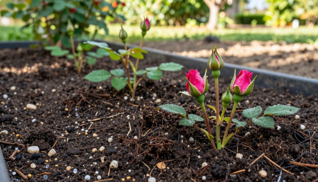 A rich, fertile soil composition ideal for rose cultivation, showcasing a close-up of the dark, loamy earth mixed with organic matter like compost and small pebbles. In the foreground, vibrant rose buds in various stages of bloom peek through the soil, their petals glistening with morning dew. In the middle ground, a scattering of fresh green leaves emerges, indicating healthy growth. The background features a soft-focus garden setting with sunlight filtering through the trees, casting dappled shadows on the ground. The overall mood is vibrant and nurturing, highlighting the importance of optimal soil for the health and flourishing of roses. The image captures the essence of nature, emphasizing the relationship between quality soil and plant vitality, with soft lighting and a warm color palette.