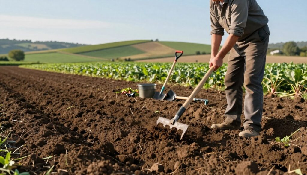 A serene agricultural landscape focusing on soil preparation after beet harvesting. In the foreground, a farmer wearing a modest, professional outfit is tilling the dark, rich soil with a handheld tool, showing the texture and moisture of the ground. In the middle ground, freshly turned earth is visible alongside a variety of gardening tools, illustrating a practical approach to soil preparation. The background features rolling hills dotted with green crops and a clear blue sky, bathed in soft, warm sunlight, creating a hopeful and tranquil mood. The scene is framed with depth, captured from a slightly elevated angle to highlight the farmer’s diligent work and the lush agricultural setting. A serene agricultural landscape focusing on soil preparation after beet harvesting. In the foreground, a farmer wearing a modest, professional outfit is tilling the dark, rich soil with a handheld tool, showing the texture and moisture of the ground. In the middle ground, freshly turned earth is visible alongside a variety of gardening tools, illustrating a practical approach to soil preparation. The background features rolling hills dotted with green crops and a clear blue sky, bathed in soft, warm sunlight, creating a hopeful and tranquil mood. The scene is framed with depth, captured from a slightly elevated angle to highlight the farmer’s diligent work and the lush agricultural setting.