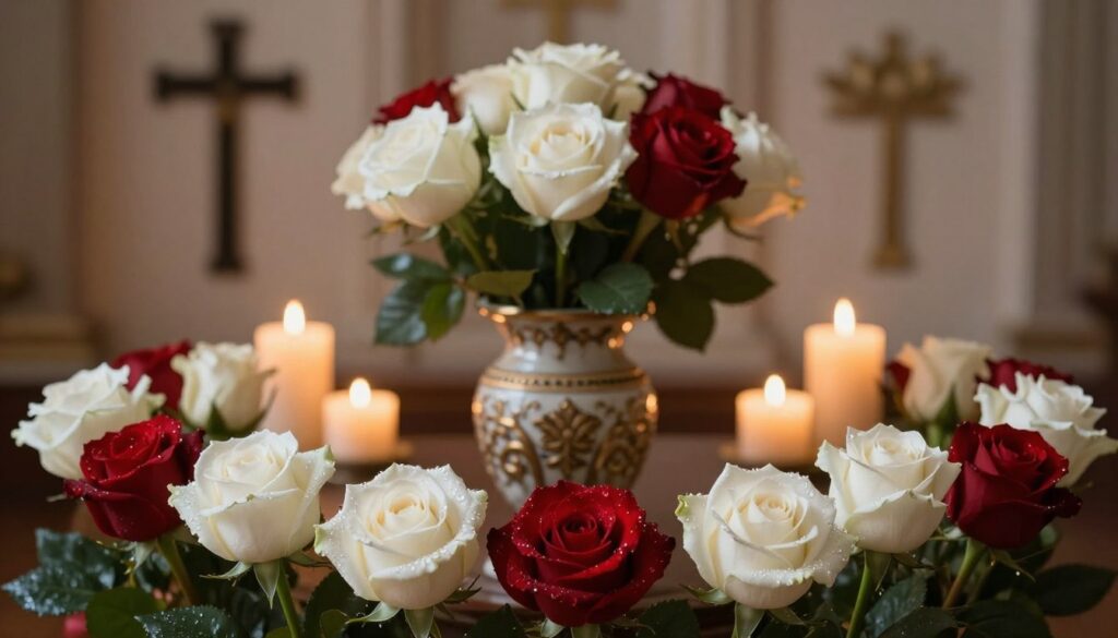 A serene and contemplative scene showcasing the symbolism of roses in culture and religion. In the foreground, elegantly arranged white and red roses, their petals glistening with dewdrops, symbolize purity and love. In the middle, an intricately designed vase holding a mix of these roses, surrounded by soft candles that reflect warmth and remembrance. The background features a subtle blur of historical religious symbols (like a cross and a lotus), softly illuminated by gentle, warm light, creating an atmosphere of reverence. The overall composition should evoke a sense of peace and introspection, captured from a slightly elevated angle to highlight the arrangement and its spiritual significance.