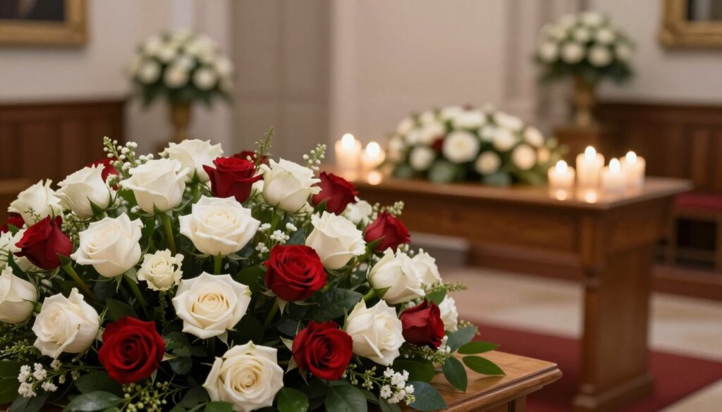 A serene and elegant floral arrangement for a funeral setting, focusing on the contrasting significance of white and red roses. In the foreground, a beautifully designed bouquet featuring white and red roses interspersed with soft greenery, highlighting their symbolic meanings. In the middle ground, a softly lit wooden table creates a warm, respectful atmosphere, adorned with delicate candles casting a gentle glow. The background features a blurred, softly lit chapel interior, enhancing the mood of solemnity and reflection. The lighting should evoke a sense of tranquility, using warm tones to symbolize comfort and hope. Capture the scene from a slightly elevated angle, showcasing the intricate details of the flowers while maintaining a respectful ambiance.