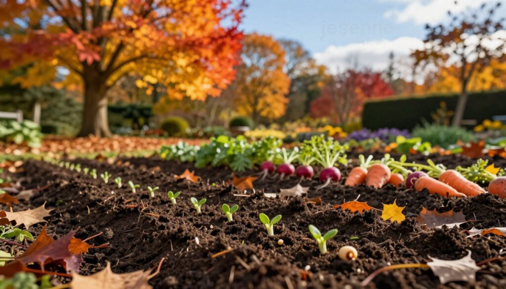 A serene autumn garden scene showcasing “jesienne siewy” with vibrant hues of oranges, reds, and yellows. In the foreground, freshly sown vegetable seeds are gently placed in rich, dark soil, with small green sprouts just beginning to emerge. The middle ground features neatly arranged rows of crops, such as carrots and radishes, surrounded by fallen leaves and rich compost. In the background, majestic trees shed their foliage, bathed in soft, golden sunlight filtering through the branches. A clear blue sky complements the warm atmosphere, symbolizing the transition to winter. The scene is captured with a shallow depth of field, focusing on the seeds while softly blurring the background, evoking a sense of calm preparation for the upcoming season. Ideal for conveying the essence of autumn sowing and winter readiness. A serene autumn garden scene showcasing “jesienne siewy” with vibrant hues of oranges, reds, and yellows. In the foreground, freshly sown vegetable seeds are gently placed in rich, dark soil, with small green sprouts just beginning to emerge. The middle ground features neatly arranged rows of crops, such as carrots and radishes, surrounded by fallen leaves and rich compost. In the background, majestic trees shed their foliage, bathed in soft, golden sunlight filtering through the branches. A clear blue sky complements the warm atmosphere, symbolizing the transition to winter. The scene is captured with a shallow depth of field, focusing on the seeds while softly blurring the background, evoking a sense of calm preparation for the upcoming season. Ideal for conveying the essence of autumn sowing and winter readiness.