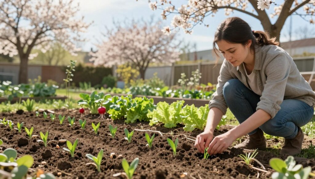 A serene early spring garden scene depicting the sowing of vegetables in March and April. In the foreground, freshly turned soil with small rows of planted seeds, surrounded by green shoots just beginning to emerge. A gardener, dressed in modest casual clothing, kneels down to gently tend to the soil, focused and content. The middle ground features a variety of young plants like lettuce, radishes, and peas, showcasing the diverse early spring crops. The background is adorned with blossoming trees and a bright blue sky, signaling the warmth of spring. Soft sunlight filters through the branches, casting a gentle, warm glow over the scene, creating a hopeful and nurturing atmosphere perfect for growth and renewal. A serene early spring garden scene depicting the sowing of vegetables in March and April. In the foreground, freshly turned soil with small rows of planted seeds, surrounded by green shoots just beginning to emerge. A gardener, dressed in modest casual clothing, kneels down to gently tend to the soil, focused and content. The middle ground features a variety of young plants like lettuce, radishes, and peas, showcasing the diverse early spring crops. The background is adorned with blossoming trees and a bright blue sky, signaling the warmth of spring. Soft sunlight filters through the branches, casting a gentle, warm glow over the scene, creating a hopeful and nurturing atmosphere perfect for growth and renewal.