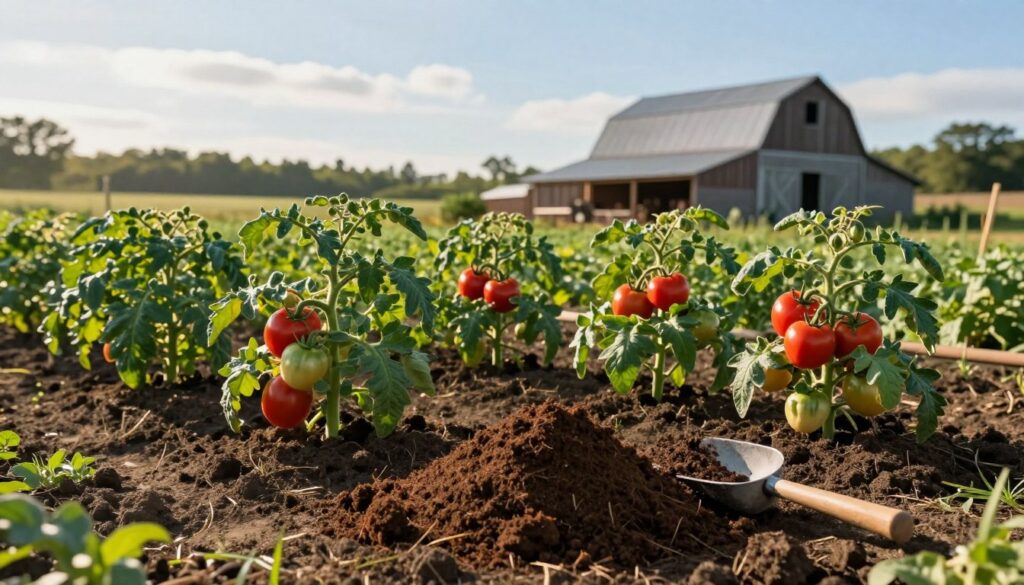 A serene farm setting in the early morning light, featuring a well-organized area for applying horse manure to tomato plants. In the foreground, a meticulously arranged pile of composted horse manure with a measuring scoop nearby, emphasizing safe dosage practices. The middle ground shows vibrant tomato plants thriving in rich, dark soil, with lush green leaves and budding red tomatoes, indicating healthy growth. The background reveals a rustic barn and a clear blue sky with soft clouds, enhancing the peaceful atmosphere. The sunlight casts gentle shadows, creating a warm and inviting mood. The scene should feel educational and inspiring, focused on sustainable farming practices, without any text or excessive elements.