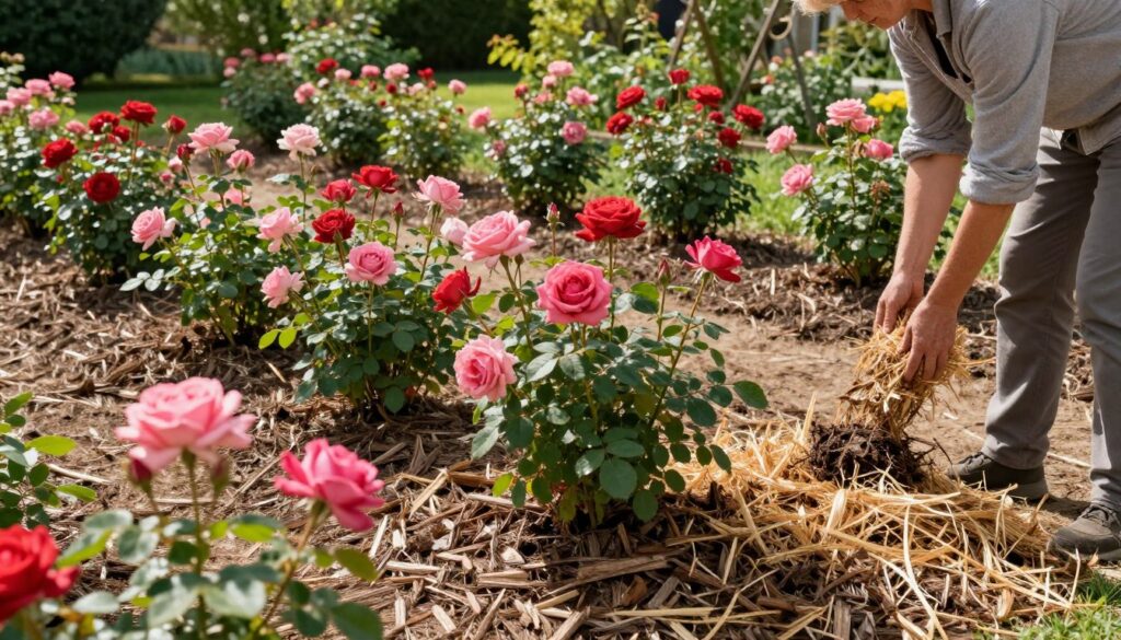 A serene garden landscape featuring a well-tended rose bed surrounded by a natural mulch layer. In the foreground, vibrant pink and red roses bloom, their lush green leaves contrasting with the earthy tones of the mulch. A gardener, dressed in modest casual attire, is gently applying a fresh layer of straw and wood chips as mulch around the roses, focusing on protecting the roots. The middle ground shows neat rows of roses, while the background reveals soft sunlight filtering through leafy trees, casting gentle shadows. The atmosphere is calm and nurturing, evoking a sense of care for plants and an organized garden space. The image captures the essence of practical mulching tips, highlighting both technique and beauty. A serene garden landscape featuring a well-tended rose bed surrounded by a natural mulch layer. In the foreground, vibrant pink and red roses bloom, their lush green leaves contrasting with the earthy tones of the mulch. A gardener, dressed in modest casual attire, is gently applying a fresh layer of straw and wood chips as mulch around the roses, focusing on protecting the roots. The middle ground shows neat rows of roses, while the background reveals soft sunlight filtering through leafy trees, casting gentle shadows. The atmosphere is calm and nurturing, evoking a sense of care for plants and an organized garden space. The image captures the essence of practical mulching tips, highlighting both technique and beauty.