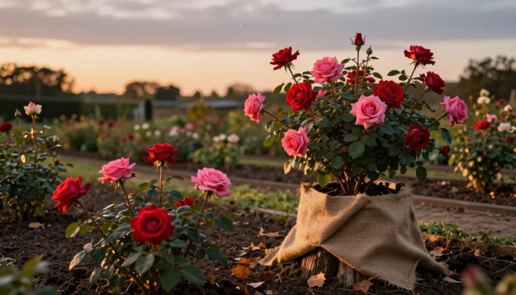 A serene garden scene at dusk showcasing a well-maintained rose bush on a sturdy stump, covered with a protective layer of burlap against the impending winter chill. In the foreground, a cluster of vibrant, healthy roses, their petals displaying rich hues of red and pink, contrasts with the protective material wrapped around the base. In the middle, soft earth tones of the garden soil blend harmoniously with a few fallen autumn leaves, hinting at the seasonal change. In the background, gently blurred rows of other plants transition into a soft, darkening sky, with the first stars beginning to twinkle. The image is lit with a warm, golden sunset glow, creating a calm, inviting atmosphere, emphasizing the importance of timely plant protection before frost. A serene garden scene at dusk showcasing a well-maintained rose bush on a sturdy stump, covered with a protective layer of burlap against the impending winter chill. In the foreground, a cluster of vibrant, healthy roses, their petals displaying rich hues of red and pink, contrasts with the protective material wrapped around the base. In the middle, soft earth tones of the garden soil blend harmoniously with a few fallen autumn leaves, hinting at the seasonal change. In the background, gently blurred rows of other plants transition into a soft, darkening sky, with the first stars beginning to twinkle. The image is lit with a warm, golden sunset glow, creating a calm, inviting atmosphere, emphasizing the importance of timely plant protection before frost.