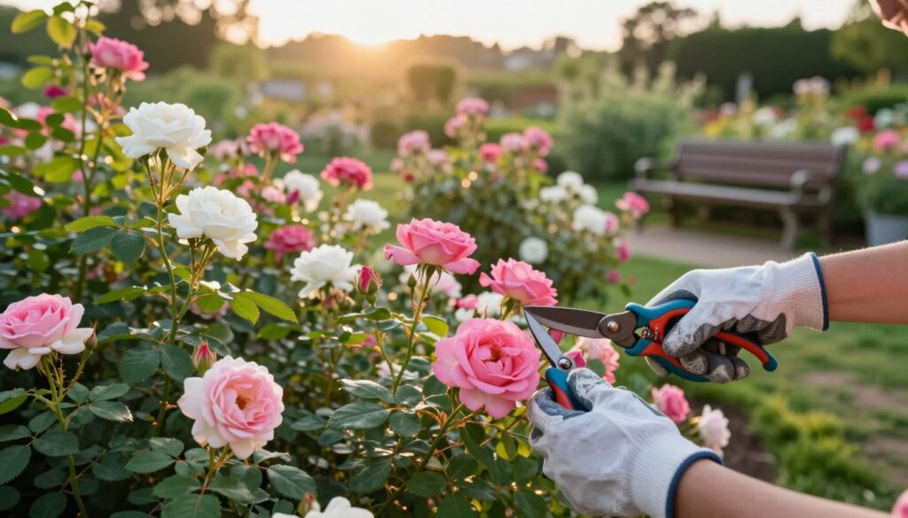 A serene garden scene at golden hour, showcasing carefully pruned groundcover roses in full bloom, displaying vibrant pink and white flowers. In the foreground, focus on a pair of gloved hands gently trimming the roses with pruning shears, highlighting attention to detail. The middle ground features lush green foliage and colorful blossoms of the roses, creating a visual feast of textures and colors. In the background, a hazy soft-focus landscape of other flowering plants and a wooden garden bench adds depth to the scene. Warm sunlight filters through the leaves, casting gentle shadows and creating a peaceful, nurturing atmosphere, evoking a sense of care and maintenance in a beautiful outdoor setting. A serene garden scene at golden hour, showcasing carefully pruned groundcover roses in full bloom, displaying vibrant pink and white flowers. In the foreground, focus on a pair of gloved hands gently trimming the roses with pruning shears, highlighting attention to detail. The middle ground features lush green foliage and colorful blossoms of the roses, creating a visual feast of textures and colors. In the background, a hazy soft-focus landscape of other flowering plants and a wooden garden bench adds depth to the scene. Warm sunlight filters through the leaves, casting gentle shadows and creating a peaceful, nurturing atmosphere, evoking a sense of care and maintenance in a beautiful outdoor setting.