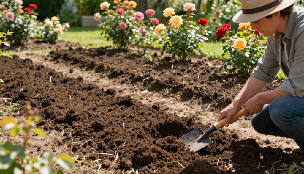 A serene garden scene demonstrating the preparation of soil for planting roses. In the foreground, a gardener in a casual shirt and hat kneels, using a trowel to aerate rich, dark soil mixed with compost and peat. The middle ground features neatly arranged rows where the soil has been freshly turned, exhibiting a perfect planting bed ideal for roses. Surrounding this setup, colorful rose plants in various stages of growth bloom in the background, adding vibrant hues of red, pink, and yellow. Soft sunlight filters through the leaves, casting gentle shadows and creating a warm, inviting atmosphere. The angle is slightly elevated, capturing both the diligent work of the gardener and the beauty of the surrounding rose plants, evoking a sense of tranquility and care.