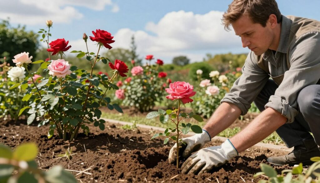 A serene garden scene depicting a gardener gently planting roses in rich, brown soil. In the foreground, a pair of gloved hands, wearing modest gardening attire, carefully places a young rose sapling into a prepared hole. The gardener has short, neatly styled hair and a focused expression, embodying dedication and care. In the middle ground, vibrant rose bushes in various stages of growth bloom with shades of red, pink, and white, surrounded by lush green foliage. The background features a clear blue sky with soft, fluffy clouds, casting warm, natural sunlight that creates soft shadows. The atmosphere is calm and nurturing, conveying the essence of proper care and planting techniques essential for cultivating healthy roses throughout the seasons. A serene garden scene depicting a gardener gently planting roses in rich, brown soil. In the foreground, a pair of gloved hands, wearing modest gardening attire, carefully places a young rose sapling into a prepared hole. The gardener has short, neatly styled hair and a focused expression, embodying dedication and care. In the middle ground, vibrant rose bushes in various stages of growth bloom with shades of red, pink, and white, surrounded by lush green foliage. The background features a clear blue sky with soft, fluffy clouds, casting warm, natural sunlight that creates soft shadows. The atmosphere is calm and nurturing, conveying the essence of proper care and planting techniques essential for cultivating healthy roses throughout the seasons.