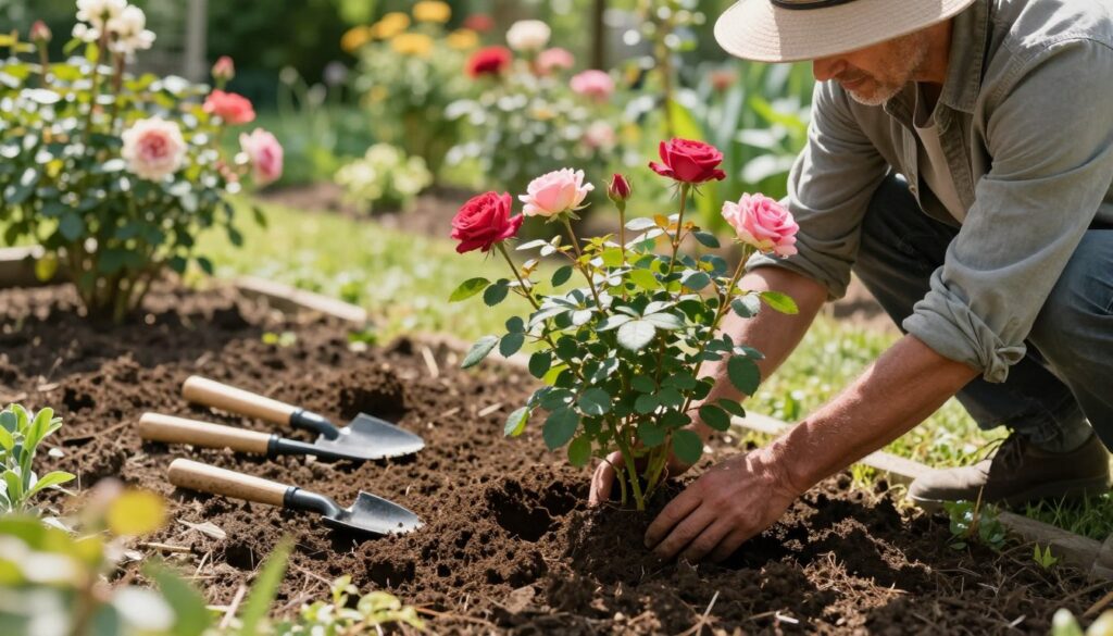 A serene garden scene depicting the act of transplanting roses. In the foreground, a gardener, dressed in modest casual clothing and a sun hat, gently lifts a vibrant rose bush from a rich, dark soil. The middle ground shows a newly prepared planting spot with freshly turned soil and a few garden tools nearby. In the background, a sun-drenched garden with blooming flowers and lush greenery creates a tranquil atmosphere. Sunlight filters through the leaves, casting soft shadows, enhancing the peaceful ambiance. The focus is on the delicate handling of the roses, highlighting their vibrant colors against the earth. The image captures the essence of nurturing and care in garden maintenance, inviting viewers into the world of gardening. A serene garden scene depicting the act of transplanting roses. In the foreground, a gardener, dressed in modest casual clothing and a sun hat, gently lifts a vibrant rose bush from a rich, dark soil. The middle ground shows a newly prepared planting spot with freshly turned soil and a few garden tools nearby. In the background, a sun-drenched garden with blooming flowers and lush greenery creates a tranquil atmosphere. Sunlight filters through the leaves, casting soft shadows, enhancing the peaceful ambiance. The focus is on the delicate handling of the roses, highlighting their vibrant colors against the earth. The image captures the essence of nurturing and care in garden maintenance, inviting viewers into the world of gardening.