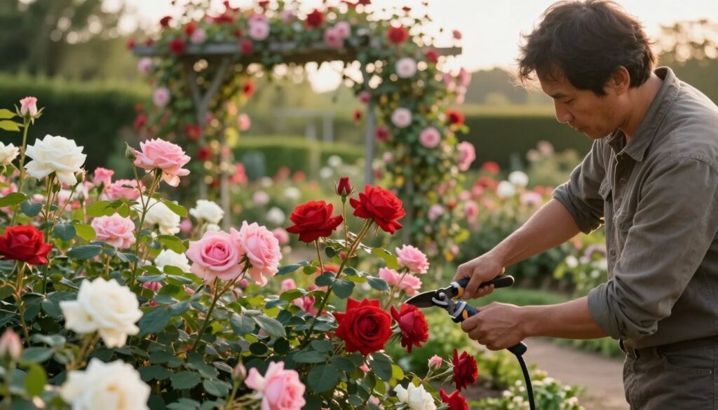 A serene garden scene depicting the art of pruning rambler and climber roses. In the foreground, a skilled gardener in modest, casual clothing carefully shapes the plants, using precise cutting techniques. The middle of the image showcases the beautiful, cascading clusters of vibrant roses in various stages of bloom, highlighting their rich reds, pinks, and whites. The background features a softly blurred trellis adorned with climbing roses, bathed in warm, golden sunlight, creating a peaceful and inviting atmosphere. The angle is slightly elevated to capture both the gardener’s focused expression and the intricate details of the rose formations. The lighting is soft and natural, enhancing the lush greens of the foliage and the delicate petals. A serene garden scene depicting the art of pruning rambler and climber roses. In the foreground, a skilled gardener in modest, casual clothing carefully shapes the plants, using precise cutting techniques. The middle of the image showcases the beautiful, cascading clusters of vibrant roses in various stages of bloom, highlighting their rich reds, pinks, and whites. The background features a softly blurred trellis adorned with climbing roses, bathed in warm, golden sunlight, creating a peaceful and inviting atmosphere. The angle is slightly elevated to capture both the gardener’s focused expression and the intricate details of the rose formations. The lighting is soft and natural, enhancing the lush greens of the foliage and the delicate petals.