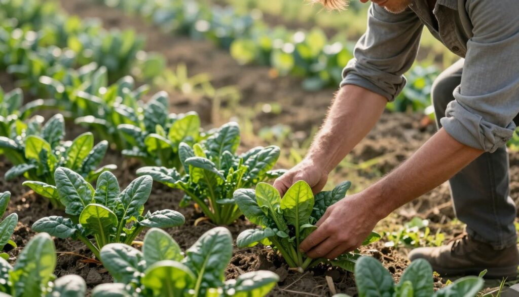 A serene garden scene depicting the careful technique of harvesting spinach leaves. In the foreground, a farmer wearing modest casual clothing, bent slightly forward, delicately picks lush, vibrant green spinach leaves, ensuring to leave the smaller leaves intact for continued growth. The middle ground features an organized row of healthy spinach plants basking under soft, warm sunlight, creating a calm atmosphere. In the background, a soft-focus image of other crops, with leafy greens and gentle earth tones, enhances the agricultural setting. The lighting is natural and bright, casting gentle shadows that highlight the textures of the plants. The overall mood is peaceful and nurturing, emphasizing the importance of sustainable farming practices.