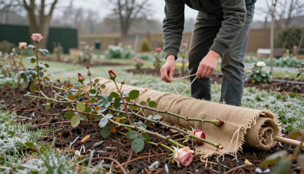 A serene garden scene depicting the method of securing roses in a lying position for winter protection. In the foreground, freshly pruned rose bushes lie horizontally, their stems wrapped in burlap. Surround the roses with a layer of protective mulch, showcasing earthy tones. In the middle ground, a gardener in modest casual attire gently demonstrates the technique, using twine to secure the burlap. Soft, natural lighting filters through overcast skies, creating a tranquil atmosphere, with a slight depth of field effect that softly blurs the distant background. The background features a wintery landscape, with bare trees and frost-kissed grass, enhancing the seasonal feel of the image while focusing on the practical gardening method. A serene garden scene depicting the method of securing roses in a lying position for winter protection. In the foreground, freshly pruned rose bushes lie horizontally, their stems wrapped in burlap. Surround the roses with a layer of protective mulch, showcasing earthy tones. In the middle ground, a gardener in modest casual attire gently demonstrates the technique, using twine to secure the burlap. Soft, natural lighting filters through overcast skies, creating a tranquil atmosphere, with a slight depth of field effect that softly blurs the distant background. The background features a wintery landscape, with bare trees and frost-kissed grass, enhancing the seasonal feel of the image while focusing on the practical gardening method.