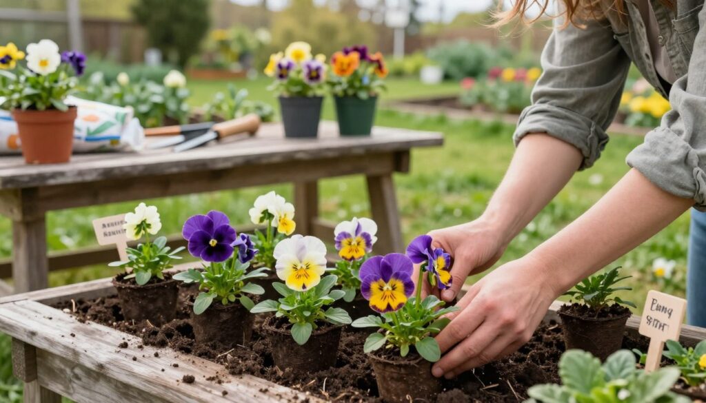 A serene garden scene depicting the process of hardening off pansies (hartowanie bratków). In the foreground, a gardener in modest casual clothing gently places small pots of vibrant pansy seedlings into the ground, showcasing their rich purples, yellows, and whites. The middle ground features a rustic wooden table with gardening tools, soil bags, and labels for identification. In the background, a peaceful landscape with gently swaying green grass and colorful flowering plants under soft morning light, hinting at early spring. The atmosphere is calm and nurturing, emphasizing growth and care. Capture this in natural daylight with soft shadows, using a slightly elevated angle to provide a comprehensive view of the gardening process. A serene garden scene depicting the process of hardening off pansies (hartowanie bratków). In the foreground, a gardener in modest casual clothing gently places small pots of vibrant pansy seedlings into the ground, showcasing their rich purples, yellows, and whites. The middle ground features a rustic wooden table with gardening tools, soil bags, and labels for identification. In the background, a peaceful landscape with gently swaying green grass and colorful flowering plants under soft morning light, hinting at early spring. The atmosphere is calm and nurturing, emphasizing growth and care. Capture this in natural daylight with soft shadows, using a slightly elevated angle to provide a comprehensive view of the gardening process.