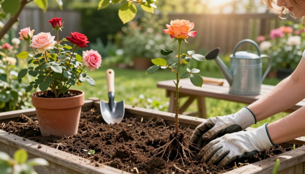 A serene garden scene depicting the technique of planting roses with bare roots and in pots. In the foreground, a pair of hands, clad in gardening gloves, gently place a bare-root rose into a well-prepared flowerbed filled with rich, dark soil. Nearby, a colorful potted rose, vibrant with blooming petals, rests on a wooden garden bench. The middle ground features lush greenery and assorted gardening tools, such as a small shovel and watering can, illuminated by soft, warm sunlight filtering through overhead leaves. In the background, a blurred fence and a hint of blooming flowers create a tranquil garden atmosphere. The overall mood is peaceful and nurturing, inviting viewers to engage in the joy of gardening. A serene garden scene depicting the technique of planting roses with bare roots and in pots. In the foreground, a pair of hands, clad in gardening gloves, gently place a bare-root rose into a well-prepared flowerbed filled with rich, dark soil. Nearby, a colorful potted rose, vibrant with blooming petals, rests on a wooden garden bench. The middle ground features lush greenery and assorted gardening tools, such as a small shovel and watering can, illuminated by soft, warm sunlight filtering through overhead leaves. In the background, a blurred fence and a hint of blooming flowers create a tranquil garden atmosphere. The overall mood is peaceful and nurturing, inviting viewers to engage in the joy of gardening.