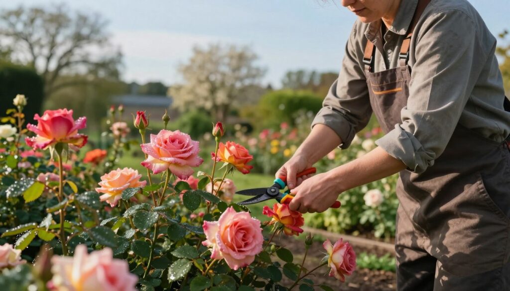 A serene garden scene during early spring, showcasing a skilled gardener carefully pruning vibrant, blooming roses. In the foreground, the gardener, dressed in a modest, professional outfit, focuses intently on shaping the rose bushes with precision pruning shears. The middle ground features lush, colorful roses in various stages of bloom, their rich petals glistening with morning dew. In the background, a soft-focus garden landscape includes budding trees and a clear blue sky, evoking a sense of renewal and growth. The warm, natural lighting illuminates the scene, casting gentle shadows that enhance the tranquil atmosphere, ideal for demonstrating the essential practice of proper rose care in alignment with the seasonal calendar.