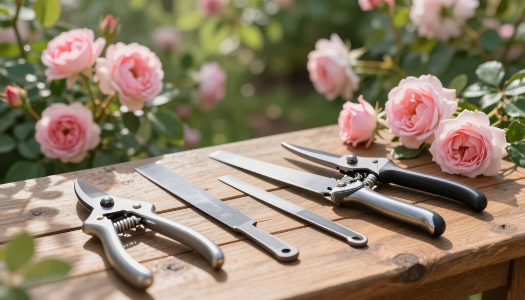 A serene garden scene featuring a collection of precise rose pruning tools including bypass pruners, hand shears, and a pruning saw, neatly arranged on a rustic wooden table. In the foreground, the shiny metal tools reflect soft morning sunlight, showcasing their sharp blades and ergonomic handles. Delicate, blooming roses in various shades of pink adorn the background, hinting at the care needed for their maintenance. Gentle, dappled sunlight filters through lush green leaves overhead, casting intricate shadows on the table. The atmosphere is calm and inviting, suggesting a peaceful gardening experience. Capture this moment with a shallow depth of field to emphasize the tools while softly blurring the vibrant roses and greenery behind. A serene garden scene featuring a collection of precise rose pruning tools including bypass pruners, hand shears, and a pruning saw, neatly arranged on a rustic wooden table. In the foreground, the shiny metal tools reflect soft morning sunlight, showcasing their sharp blades and ergonomic handles. Delicate, blooming roses in various shades of pink adorn the background, hinting at the care needed for their maintenance. Gentle, dappled sunlight filters through lush green leaves overhead, casting intricate shadows on the table. The atmosphere is calm and inviting, suggesting a peaceful gardening experience. Capture this moment with a shallow depth of field to emphasize the tools while softly blurring the vibrant roses and greenery behind.