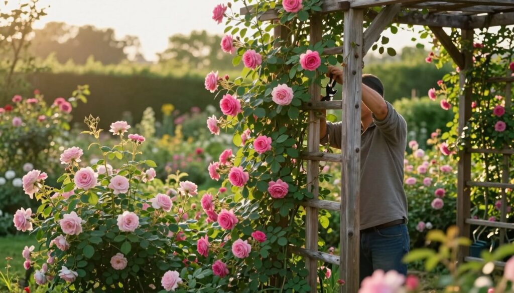 A serene garden scene featuring a skilled gardener pruning climbing roses against a sturdy wooden trellis. The gardener, dressed in modest casual clothing, carefully clips the vibrant pink blooms, showcasing precise techniques for shaping the plant. In the foreground, lush green foliage and delicate blossoms create a rich tapestry of colors, while the middle ground highlights the trellis entwined with the climbing roses. The background reveals a soft-focus garden with sunlight filtering through leaves, casting gentle shadows and illuminating the blossoms. The overall atmosphere is tranquil and nurturing, reflecting the care and artistry involved in rose gardening. Ideal lighting suggests early morning or late afternoon, with a warm golden hue enhancing the beauty of nature. A serene garden scene featuring a skilled gardener pruning climbing roses against a sturdy wooden trellis. The gardener, dressed in modest casual clothing, carefully clips the vibrant pink blooms, showcasing precise techniques for shaping the plant. In the foreground, lush green foliage and delicate blossoms create a rich tapestry of colors, while the middle ground highlights the trellis entwined with the climbing roses. The background reveals a soft-focus garden with sunlight filtering through leaves, casting gentle shadows and illuminating the blossoms. The overall atmosphere is tranquil and nurturing, reflecting the care and artistry involved in rose gardening. Ideal lighting suggests early morning or late afternoon, with a warm golden hue enhancing the beauty of nature.
