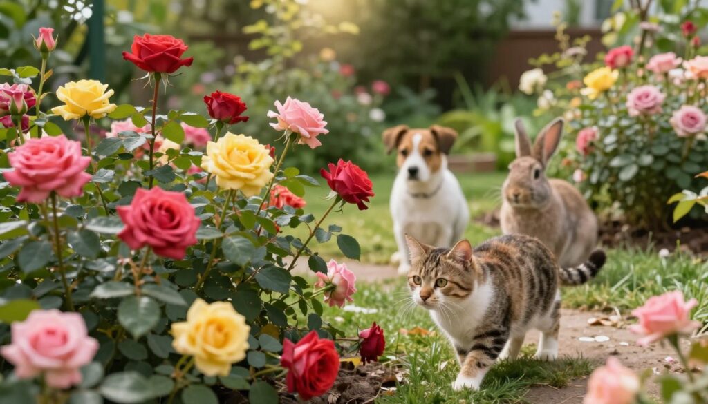 A serene garden scene featuring a vibrant rose bush in full bloom, with various colors of roses—red, pink, and yellow—visible in the foreground. Among the roses, a curious cat cautiously approaches, its fur vibrant and fluffy, evoking a sense of innocence and exploration. In the middle ground, other animals, such as a small dog and a rabbit, observe the scene from a safe distance, with concerned expressions, hinting at the potential dangers of the roses. The background contains blurred greenery, soft sunlight filtering through the leaves, casting gentle shadows, creating a calm and educational atmosphere. The overall mood is peaceful yet thought-provoking, emphasizing the relationship between pets and toxic plants, devoid of any text or distractions. A serene garden scene featuring a vibrant rose bush in full bloom, with various colors of roses—red, pink, and yellow—visible in the foreground. Among the roses, a curious cat cautiously approaches, its fur vibrant and fluffy, evoking a sense of innocence and exploration. In the middle ground, other animals, such as a small dog and a rabbit, observe the scene from a safe distance, with concerned expressions, hinting at the potential dangers of the roses. The background contains blurred greenery, soft sunlight filtering through the leaves, casting gentle shadows, creating a calm and educational atmosphere. The overall mood is peaceful yet thought-provoking, emphasizing the relationship between pets and toxic plants, devoid of any text or distractions.