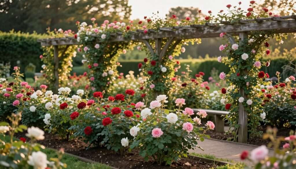 A serene garden scene featuring climbing roses elegantly trained along a wooden pergola. In the foreground, lush green rose bushes are carefully planted, showcasing vibrant blooms in hues of red, pink, and white, with delicate leaves. The middle ground includes a trellis system entwined with the climbing roses, demonstrating various planting techniques for support. In the background, a soft-focus view of a sunlit garden with dappled light filtering through trees creates a warm atmosphere. The scene is bathed in golden hour lighting, with soft shadows enhancing the texture of the foliage. The camera angle is slightly elevated, offering a comprehensive view of the roses' arrangement, evoking a sense of tranquility and beauty. A serene garden scene featuring climbing roses elegantly trained along a wooden pergola. In the foreground, lush green rose bushes are carefully planted, showcasing vibrant blooms in hues of red, pink, and white, with delicate leaves. The middle ground includes a trellis system entwined with the climbing roses, demonstrating various planting techniques for support. In the background, a soft-focus view of a sunlit garden with dappled light filtering through trees creates a warm atmosphere. The scene is bathed in golden hour lighting, with soft shadows enhancing the texture of the foliage. The camera angle is slightly elevated, offering a comprehensive view of the roses' arrangement, evoking a sense of tranquility and beauty.