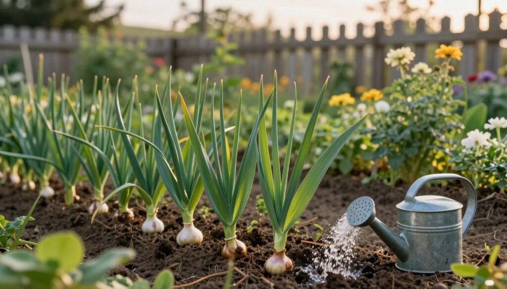 A serene garden scene featuring vibrant garlic plants in various stages of growth, showcasing lush green leaves and developing bulbs. In the foreground, a close-up of soil moisture levels with a small watering can tipped to signify the end of watering. The middle ground displays the flourishing garlic rows under a soft, golden afternoon light, casting gentle shadows. In the background, a faint outline of a rustic wooden fence adds depth, surrounded by blooming flowers, evoking a sense of tranquility. The atmosphere is peaceful and reflective, with a focus on nature’s cycle, suggesting the importance of timing in the growing process. The overall composition should evoke a sense of harmony in the garden setting. A serene garden scene featuring vibrant garlic plants in various stages of growth, showcasing lush green leaves and developing bulbs. In the foreground, a close-up of soil moisture levels with a small watering can tipped to signify the end of watering. The middle ground displays the flourishing garlic rows under a soft, golden afternoon light, casting gentle shadows. In the background, a faint outline of a rustic wooden fence adds depth, surrounded by blooming flowers, evoking a sense of tranquility. The atmosphere is peaceful and reflective, with a focus on nature’s cycle, suggesting the importance of timing in the growing process. The overall composition should evoke a sense of harmony in the garden setting.