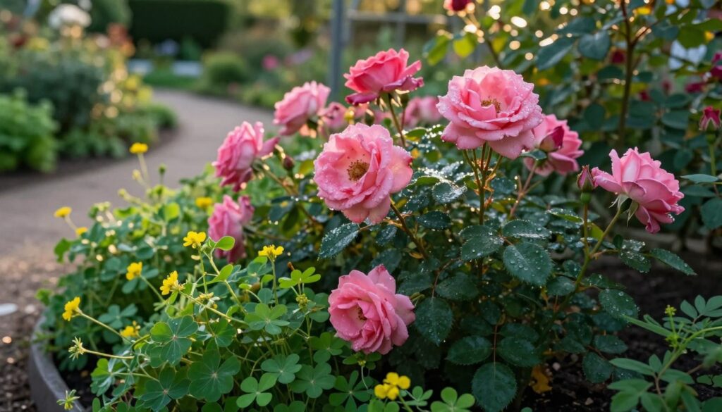A serene garden scene featuring vibrant pink roses in full bloom, surrounded by lush green foliage. In the foreground, a variety of invasive plants like bindweed and yellow clover are depicted, subtly encroaching on the roots of the roses. The middle ground showcases the roses, their petals glistening with morning dew, illuminated by soft, warm sunlight. In the background, a blurred view of a garden path leads towards a trellis, creating depth. The atmosphere is tranquil yet cautionary, emphasizing the beauty of the roses while hinting at the threat posed by aggressive plants. The angle is slightly elevated, capturing the roses from a flattering perspective, ensuring focus on their delicate details and vibrant colors. A serene garden scene featuring vibrant pink roses in full bloom, surrounded by lush green foliage. In the foreground, a variety of invasive plants like bindweed and yellow clover are depicted, subtly encroaching on the roots of the roses. The middle ground showcases the roses, their petals glistening with morning dew, illuminated by soft, warm sunlight. In the background, a blurred view of a garden path leads towards a trellis, creating depth. The atmosphere is tranquil yet cautionary, emphasizing the beauty of the roses while hinting at the threat posed by aggressive plants. The angle is slightly elevated, capturing the roses from a flattering perspective, ensuring focus on their delicate details and vibrant colors.