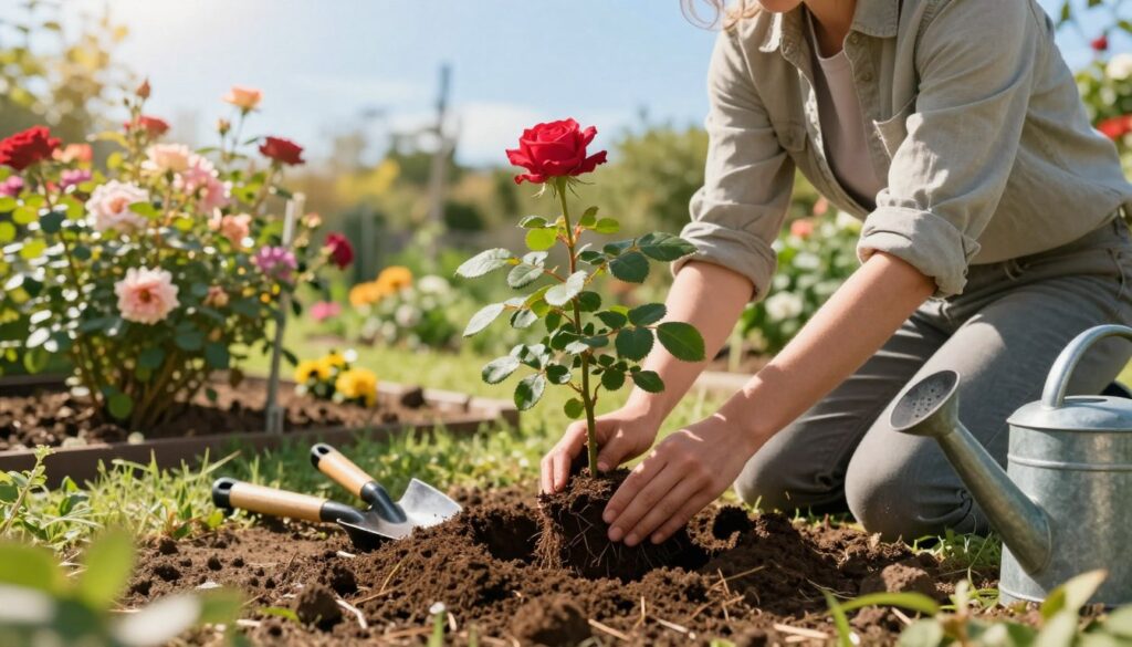 A serene garden scene focused on a gardener gently transplanting a vibrant rose bush into freshly tilled soil. In the foreground, the gardener, dressed in modest casual clothing, kneels beside a small hole, carefully holding the roots of the rose bush. The middle ground features a bright, sunlit garden, with other rose bushes and colorful flowers flourishing nearby, symbolizing growth and care. In the background, a clear blue sky overhead casts warm, soft lighting, enhancing the cheerful atmosphere. Include gardening tools like a trowel and watering can scattered around. The overall mood is peaceful and nurturing, emphasizing the importance of preparing the perfect spot for the new rose bush to thrive.