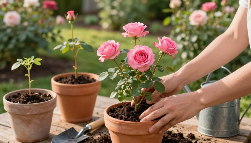 A serene garden scene focused on planting roses in containers. In the foreground, a pair of hands gently placing a vibrant, pink rose bush into a terracotta pot filled with rich, dark soil. The middle ground features various pots of different sizes, some with young rose saplings sprouting, and tools like a trowel and watering can nearby. In the background, a soft-focus garden with lush greenery and blooming roses. The lighting is warm and inviting, suggestive of late afternoon sun, enhancing the colors of the flowers and soil. The atmosphere conveys a sense of care and nurturing, ideal for a gardening enthusiast.
