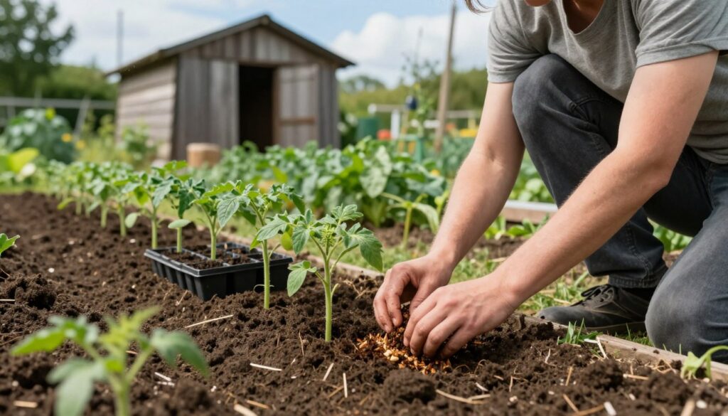 A serene garden scene focused on preparing the soil for lima tomato seedlings. In the foreground, a gardener in modest casual clothing is kneeling on rich, dark soil, gently mixing compost and organic matter with their hands. Nearby, there are small trays filled with soil, ready for planting the seeds. In the middle ground, rows of lush greenery and young tomato plants are visible, indicating growth potential. The background features a rustic wooden shed and bright blue sky, creating a tranquil atmosphere. Soft, natural lighting illuminates the scene, enhancing the earthy tones and textures. The perspective is slightly elevated, showcasing the gardener's meticulous work as they cultivate the ideal ground for robust tomato growth. A serene garden scene focused on preparing the soil for lima tomato seedlings. In the foreground, a gardener in modest casual clothing is kneeling on rich, dark soil, gently mixing compost and organic matter with their hands. Nearby, there are small trays filled with soil, ready for planting the seeds. In the middle ground, rows of lush greenery and young tomato plants are visible, indicating growth potential. The background features a rustic wooden shed and bright blue sky, creating a tranquil atmosphere. Soft, natural lighting illuminates the scene, enhancing the earthy tones and textures. The perspective is slightly elevated, showcasing the gardener's meticulous work as they cultivate the ideal ground for robust tomato growth.