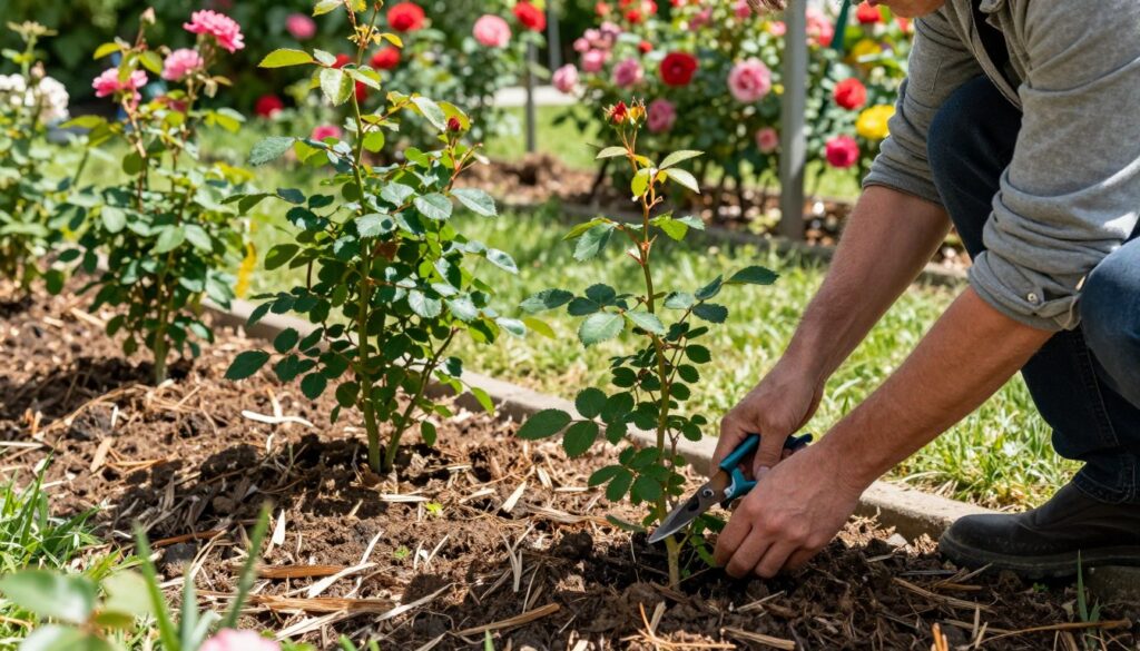 A serene garden scene focused on the careful cultivation of young rose bushes. In the foreground, a gardener gently tends to freshly planted climbing roses, demonstrating precise pruning techniques with a pair of shears, dressed in modest casual clothing. The middle ground showcases several young rose plants lush with deep green foliage, interspersed with rich brown soil and scattered organic mulch. In the background, a trellis adorned with vibrant rose blooms creates an inviting atmosphere, while soft sunlight filters through overhead leaves, casting dappled shadows on the ground. The image captures a peaceful, nurturing mood, emphasizing the importance of attentive care and nourishment for young plants in a beautiful outdoor setting. A serene garden scene focused on the careful cultivation of young rose bushes. In the foreground, a gardener gently tends to freshly planted climbing roses, demonstrating precise pruning techniques with a pair of shears, dressed in modest casual clothing. The middle ground showcases several young rose plants lush with deep green foliage, interspersed with rich brown soil and scattered organic mulch. In the background, a trellis adorned with vibrant rose blooms creates an inviting atmosphere, while soft sunlight filters through overhead leaves, casting dappled shadows on the ground. The image captures a peaceful, nurturing mood, emphasizing the importance of attentive care and nourishment for young plants in a beautiful outdoor setting.