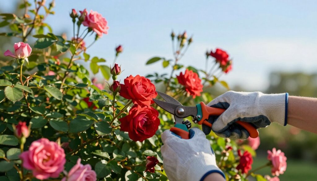 A serene garden scene focused on the careful pruning of rose bushes in early spring. In the foreground, a pair of hands wearing gardening gloves delicately trim vibrant red and pink roses with sharp clippers, showcasing attention to detail in the pruning process. In the middle ground, lush green foliage and fresh rose blooms are visible, symbolizing new growth and vitality. The background features a clear blue sky with soft, diffused sunlight illuminating the scene, creating a warm and inviting atmosphere. The composition emphasizes the beauty of spring gardening, invoking a sense of tranquility and renewal as the roses are prepared for blooming. The angle is slightly elevated, providing a clear view of the hands at work amidst the blossoming flowers. A serene garden scene focused on the careful pruning of rose bushes in early spring. In the foreground, a pair of hands wearing gardening gloves delicately trim vibrant red and pink roses with sharp clippers, showcasing attention to detail in the pruning process. In the middle ground, lush green foliage and fresh rose blooms are visible, symbolizing new growth and vitality. The background features a clear blue sky with soft, diffused sunlight illuminating the scene, creating a warm and inviting atmosphere. The composition emphasizes the beauty of spring gardening, invoking a sense of tranquility and renewal as the roses are prepared for blooming. The angle is slightly elevated, providing a clear view of the hands at work amidst the blossoming flowers.