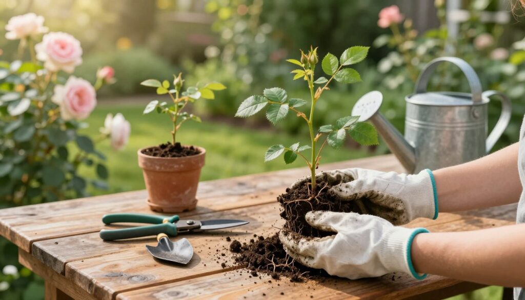 A serene garden scene focused on the preparation of rose seedlings for planting. In the foreground, a pair of hands, gloved and gently handling freshly dug rose seedlings, showcasing their vibrant green leaves and rich roots. The middle ground features a rustic wooden table with gardening tools like shears and trowels, a small pot of soil, and a watering can. The background reveals a lush garden bathed in warm, natural sunlight, with blooming roses and various greenery creating a tranquil atmosphere. The composition captures a sense of care and dedication to gardening. Soft focus on the background enhances the feeling of warmth and growth, while maintaining clear detail on the seedlings and tools in the foreground. A serene garden scene focused on the preparation of rose seedlings for planting. In the foreground, a pair of hands, gloved and gently handling freshly dug rose seedlings, showcasing their vibrant green leaves and rich roots. The middle ground features a rustic wooden table with gardening tools like shears and trowels, a small pot of soil, and a watering can. The background reveals a lush garden bathed in warm, natural sunlight, with blooming roses and various greenery creating a tranquil atmosphere. The composition captures a sense of care and dedication to gardening. Soft focus on the background enhances the feeling of warmth and growth, while maintaining clear detail on the seedlings and tools in the foreground.