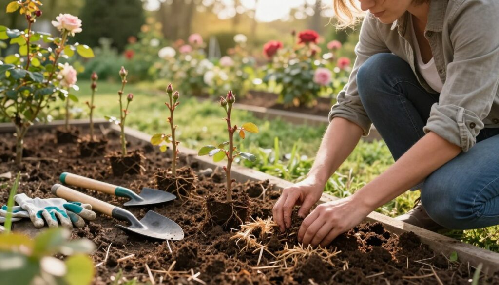 A serene garden scene focused on the preparation of soil for rose bushes. In the foreground, a gardener kneels, wearing a modest, casual outfit, carefully mixing rich, dark soil with compost and mulch. Their focused expression conveys dedication. In the middle ground, a variety of gardening tools like a trowel, spade, and gloves are neatly arranged alongside freshly planted rose roots waiting to be tucked into the earth. The background features rows of budding rose bushes, lush greenery, and vibrant blooms, under soft, golden sunlight filtering through the leaves, creating a warm and inviting atmosphere. The angle captures the depth of the garden, emphasizing the connection between the gardener and the nurturing process of growing beautiful roses.