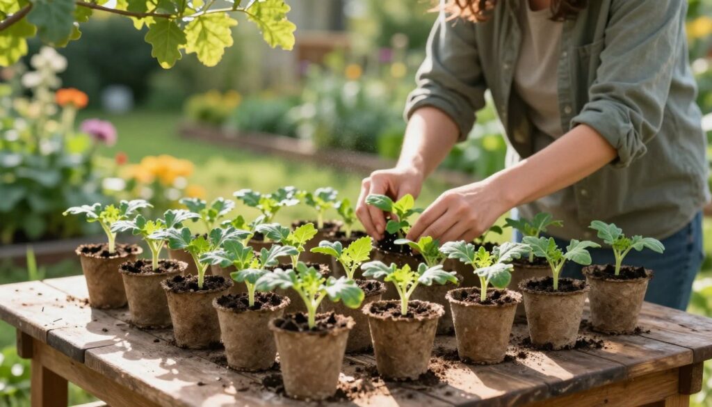 A serene garden scene focused on the process of hardening off seedlings before planting. In the foreground, healthy, vibrant vegetable seedlings, such as tomatoes and cucumbers, are arranged in neat rows within small, biodegradable pots. Gently swaying in a light breeze, the pots are placed on a rustic wooden table. In the middle ground, a gardener in casual attire carefully tends to the seedlings, optimizing their exposure to sunlight. Lush green leaves and soft soil surround the plants, while a gentle sunlight filters through the leaves of nearby trees, creating dappled shadows. The background features a soothing garden landscape, with colorful flowers and greens blending harmoniously. The mood is calm and nurturing, emphasizing the importance of caring for new growth. Soft focus on background to enhance the centerpiece and create depth. A serene garden scene focused on the process of hardening off seedlings before planting. In the foreground, healthy, vibrant vegetable seedlings, such as tomatoes and cucumbers, are arranged in neat rows within small, biodegradable pots. Gently swaying in a light breeze, the pots are placed on a rustic wooden table. In the middle ground, a gardener in casual attire carefully tends to the seedlings, optimizing their exposure to sunlight. Lush green leaves and soft soil surround the plants, while a gentle sunlight filters through the leaves of nearby trees, creating dappled shadows. The background features a soothing garden landscape, with colorful flowers and greens blending harmoniously. The mood is calm and nurturing, emphasizing the importance of caring for new growth. Soft focus on background to enhance the centerpiece and create depth.