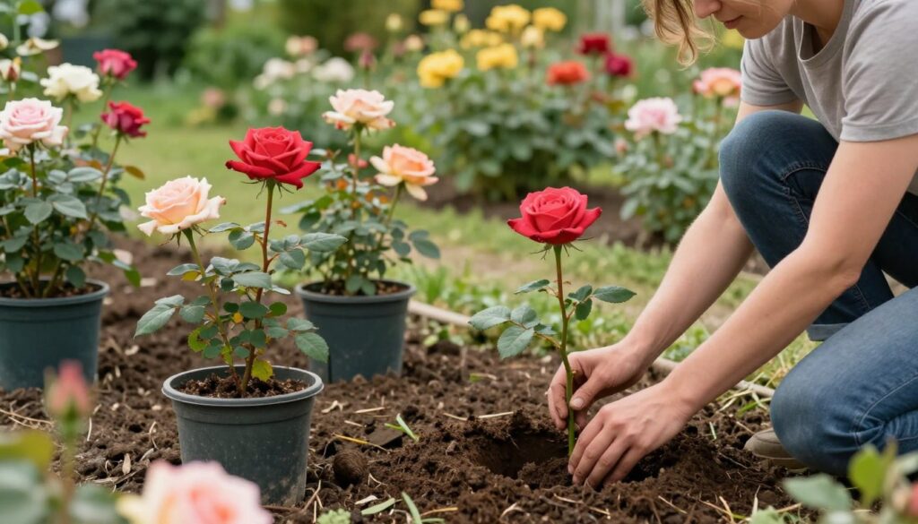 A serene garden scene focused on the process of planting roses, emphasizing the technique of planting bare-root and potted roses. In the foreground, a gardener dressed in modest casual clothing kneels in rich, dark soil, carefully planting a vibrant bare-root rose. The middle ground features a variety of roses in different sizes and colors, some being placed in holes, while others are displayed in pots. The background is softly blurred, showcasing a lush, green garden filled with blooming flowers and healthy shrubs under gentle, natural sunlight. The atmosphere is tranquil and nurturing, reflecting the joy of gardening and the beauty of roses, captured from a slightly elevated angle to give a comprehensive view of the scene. A serene garden scene focused on the process of planting roses, emphasizing the technique of planting bare-root and potted roses. In the foreground, a gardener dressed in modest casual clothing kneels in rich, dark soil, carefully planting a vibrant bare-root rose. The middle ground features a variety of roses in different sizes and colors, some being placed in holes, while others are displayed in pots. The background is softly blurred, showcasing a lush, green garden filled with blooming flowers and healthy shrubs under gentle, natural sunlight. The atmosphere is tranquil and nurturing, reflecting the joy of gardening and the beauty of roses, captured from a slightly elevated angle to give a comprehensive view of the scene.