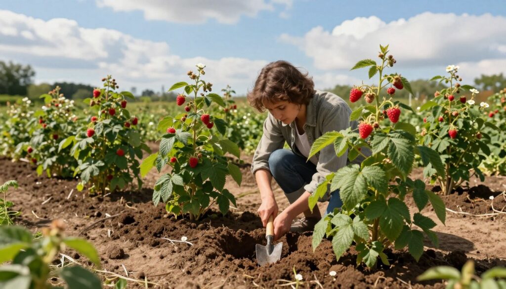 A serene garden scene focused on the technique of planting raspberry bushes. In the foreground, display a gardener in modest casual attire carefully digging a small hole in rich, earthy soil with a trowel, surrounded by young raspberry plants with vibrant green leaves. The middle ground features neat rows of raspberry bushes, some already bearing ripe red fruit, while others display delicate white blossoms. In the background, a clear blue sky with soft, fluffy clouds enhances the peaceful atmosphere. Soft, warm sunlight filters through, casting gentle shadows on the ground, creating an inviting and nurturing ambiance. The angle should capture the depth of the garden, emphasizing the organized planting rows while showcasing the thriving raspberry plants, evoking a sense of growth and abundance.