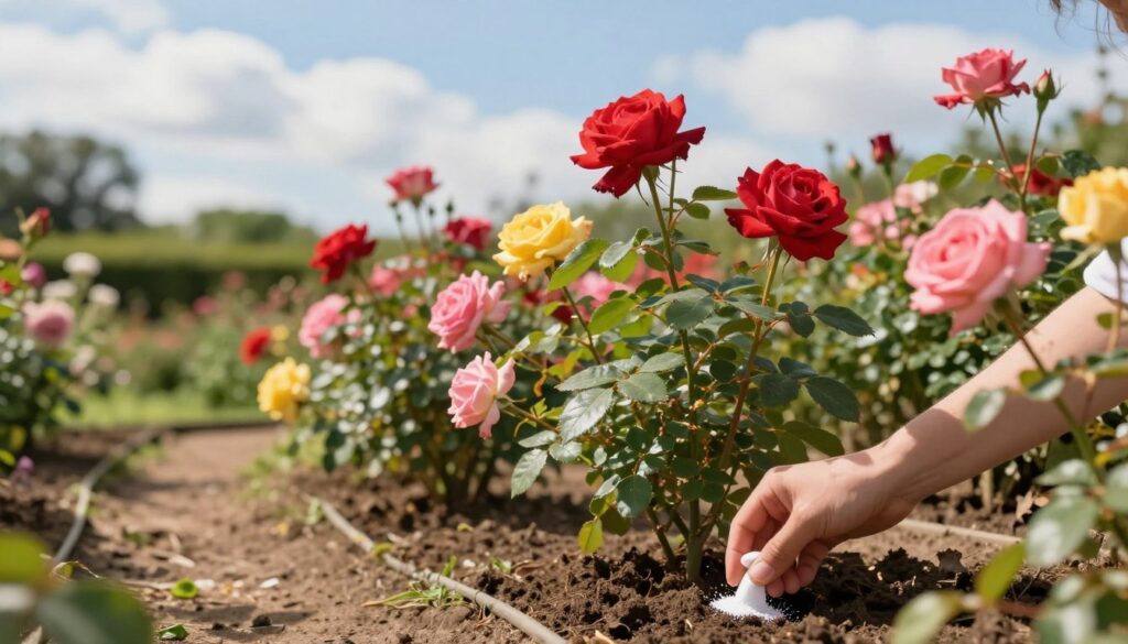 A serene garden scene focused on vibrant rose bushes in full bloom, showcasing various colors like red, pink, and yellow. In the foreground, a hand gently applies natural fertilizer to the soil around the roots of a rose, symbolizing the act of nourishing the plants. The middle ground features lush greenery and a soft, earthy path leading through the garden. In the background, a bright blue sky with soft, fluffy clouds indicates a sunny day. The lighting is warm and inviting, casting a gentle glow on the flowers. The atmosphere should evoke a sense of care and harmony with nature, capturing the essence of nurturing roses during their growing season. A serene garden scene focused on vibrant rose bushes in full bloom, showcasing various colors like red, pink, and yellow. In the foreground, a hand gently applies natural fertilizer to the soil around the roots of a rose, symbolizing the act of nourishing the plants. The middle ground features lush greenery and a soft, earthy path leading through the garden. In the background, a bright blue sky with soft, fluffy clouds indicates a sunny day. The lighting is warm and inviting, casting a gentle glow on the flowers. The atmosphere should evoke a sense of care and harmony with nature, capturing the essence of nurturing roses during their growing season.