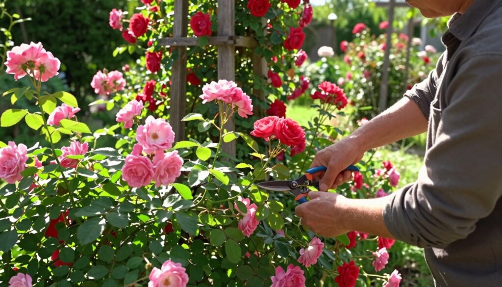 A serene garden scene focusing on a gardener carefully pruning climbing roses. In the foreground, the gardener, dressed in modest casual clothing, gently trims the stems of vibrant, blooming roses using sharp pruning shears. The middle ground features lush vines with clusters of pink and red rose blooms, interspersed with bright green leaves. Soft, dappled sunlight filters through the garden, casting a warm glow on the roses and the gardener. In the background, a quaint wooden trellis supports the climbing roses, accentuating the beauty of the scene. The atmosphere is tranquil and harmonious, embodying the theme of nurturing and caring for the garden. The image is captured from a slightly elevated angle, providing a clear view of both the gardener's actions and the flourishing rose plants. A serene garden scene focusing on a gardener carefully pruning climbing roses. In the foreground, the gardener, dressed in modest casual clothing, gently trims the stems of vibrant, blooming roses using sharp pruning shears. The middle ground features lush vines with clusters of pink and red rose blooms, interspersed with bright green leaves. Soft, dappled sunlight filters through the garden, casting a warm glow on the roses and the gardener. In the background, a quaint wooden trellis supports the climbing roses, accentuating the beauty of the scene. The atmosphere is tranquil and harmonious, embodying the theme of nurturing and caring for the garden. The image is captured from a slightly elevated angle, providing a clear view of both the gardener's actions and the flourishing rose plants.