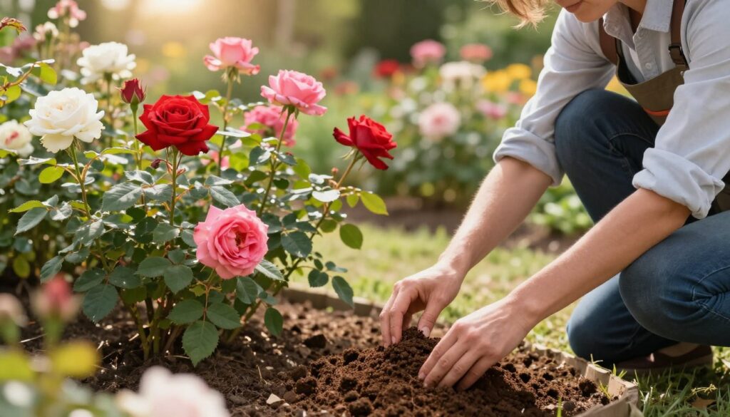 A serene garden scene focusing on freshly pruned rose bushes, vividly showcasing the careful application of fertilizer around their base. In the foreground, a gardener in professional attire kneels beside the roses, gently spreading nutrient-rich soil, hands in motion, demonstrating the nurturing process. In the middle ground, vibrant, blooming roses in various colors—red, pink, and white—contrast against the fresh green leaves. The background features a softly blurred garden, with sunlight filtering through the leaves, creating a warm, inviting atmosphere. The scene should be captured with a shallow depth of field to emphasize the gardener's actions and the rich textures of the soil and plants. Overall, the mood is one of care, growth, and renewal in a sunny, tranquil setting. A serene garden scene focusing on freshly pruned rose bushes, vividly showcasing the careful application of fertilizer around their base. In the foreground, a gardener in professional attire kneels beside the roses, gently spreading nutrient-rich soil, hands in motion, demonstrating the nurturing process. In the middle ground, vibrant, blooming roses in various colors—red, pink, and white—contrast against the fresh green leaves. The background features a softly blurred garden, with sunlight filtering through the leaves, creating a warm, inviting atmosphere. The scene should be captured with a shallow depth of field to emphasize the gardener's actions and the rich textures of the soil and plants. Overall, the mood is one of care, growth, and renewal in a sunny, tranquil setting.