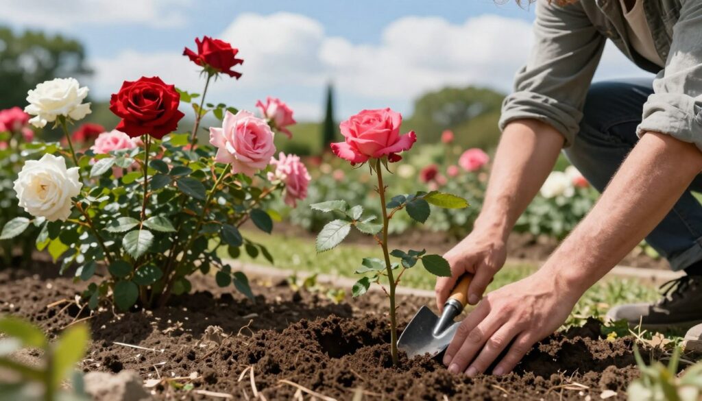 A serene garden scene focusing on the act of planting roses. In the foreground, a person in modest casual clothing is carefully planting a young rose bush in rich, dark soil, using a small hand trowel. Their hands are gently positioned in the earth, emphasizing the nurturing aspect of gardening. In the middle ground, blooming roses in a variety of colors—red, pink, and white—are in full bloom, showcasing their lush petals and green leaves. The background features a bright blue sky with soft, fluffy clouds and a few trees, creating a peaceful atmosphere. Soft sunlight filters through the leaves, casting gentle shadows on the ground, adding warmth to the scene. The overall mood is tranquil and hopeful, reflecting a love for gardening.