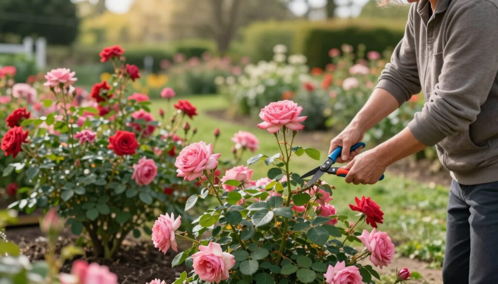 A serene garden scene in early spring, focusing on a gardener trimming vibrant rose bushes. In the foreground, a middle-aged person wearing modest casual clothing, carefully using pruning shears to cut back a healthy rose branch, surrounded by blooming pink and red roses. The middle layer showcases various rose bushes, their lush green leaves contrasting beautifully with the colorful blossoms. The background features a softly blurred garden landscape, with sunlight filtering through trees, casting gentle light on the scene. The atmosphere is calm and nurturing, evoking the essence of spring gardening. A warm, inviting color palette enhances the sense of growth and renewal. A serene garden scene in early spring, focusing on a gardener trimming vibrant rose bushes. In the foreground, a middle-aged person wearing modest casual clothing, carefully using pruning shears to cut back a healthy rose branch, surrounded by blooming pink and red roses. The middle layer showcases various rose bushes, their lush green leaves contrasting beautifully with the colorful blossoms. The background features a softly blurred garden landscape, with sunlight filtering through trees, casting gentle light on the scene. The atmosphere is calm and nurturing, evoking the essence of spring gardening. A warm, inviting color palette enhances the sense of growth and renewal.