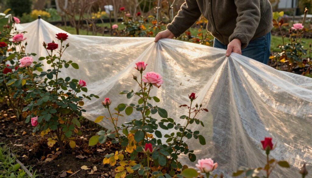 A serene garden scene in late autumn, showcasing a rose bush being carefully covered with agrowłóknina (agricultural fabric) for winter protection. In the foreground, a close-up view of tender pink and red roses still in bloom, with lush green leaves partially yellowing. In the middle ground, the gardener, dressed in modest casual clothing, gently drapes the translucent fabric over the roses, ensuring a snug fit. Soft, diffused sunlight filters through the fabric, creating a warm, golden glow that enhances the tranquil atmosphere. In the background, neighboring plants are bare, hinting at the cold season approaching. The overall mood is peaceful and nurturing, capturing the essence of winter garden preparation. A serene garden scene in late autumn, showcasing a rose bush being carefully covered with agrowłóknina (agricultural fabric) for winter protection. In the foreground, a close-up view of tender pink and red roses still in bloom, with lush green leaves partially yellowing. In the middle ground, the gardener, dressed in modest casual clothing, gently drapes the translucent fabric over the roses, ensuring a snug fit. Soft, diffused sunlight filters through the fabric, creating a warm, golden glow that enhances the tranquil atmosphere. In the background, neighboring plants are bare, hinting at the cold season approaching. The overall mood is peaceful and nurturing, capturing the essence of winter garden preparation.