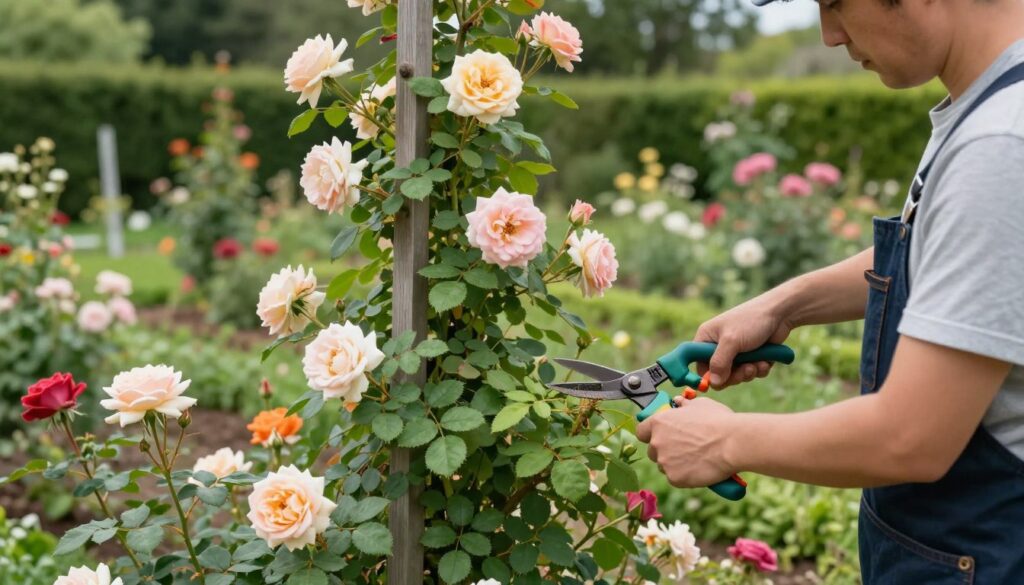 A serene garden scene showcasing a gardener skillfully pruning climbing roses. In the foreground, a focused, neatly dressed gardener, equipped with pruning shears, carefully trims the vibrant green foliage and delicate, colorful blooms of various climbing rose varieties. The middle ground features a trellis adorned with cascading roses in various colors, illustrating different pruning techniques based on the specific varieties. In the background, bathed in soft, natural light, lush greenery and flower beds create a tranquil, inviting atmosphere. The angle captures the essence of the gardening process, emphasizing both the beauty of the roses and the meticulous care required for proper pruning. The mood is peaceful and nurturing, embodying a harmonious relationship between gardener and nature. A serene garden scene showcasing a gardener skillfully pruning climbing roses. In the foreground, a focused, neatly dressed gardener, equipped with pruning shears, carefully trims the vibrant green foliage and delicate, colorful blooms of various climbing rose varieties. The middle ground features a trellis adorned with cascading roses in various colors, illustrating different pruning techniques based on the specific varieties. In the background, bathed in soft, natural light, lush greenery and flower beds create a tranquil, inviting atmosphere. The angle captures the essence of the gardening process, emphasizing both the beauty of the roses and the meticulous care required for proper pruning. The mood is peaceful and nurturing, embodying a harmonious relationship between gardener and nature.