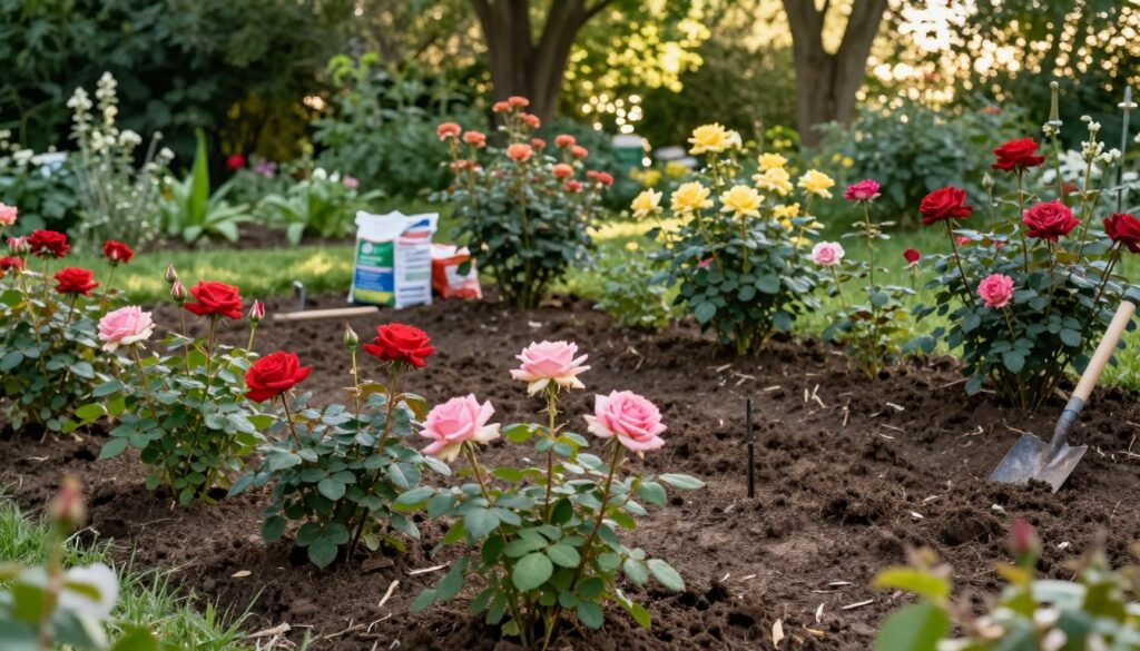 A serene garden scene showcasing a well-prepared planting area for roses. In the foreground, vibrant rose bushes in various stages of growth, displaying a mix of colors like red, pink, and yellow. The middle ground features rich, dark soil surrounded by neat, freshly turned earth, indicating preparation for planting. In the background, gentle sunlight filters through a canopy of trees, creating dappled light effects that enhance the greenery. A garden spade and some fertilizer bags rest nearby, suggesting care and attention to soil health. The atmosphere is calm and inviting, conveying a sense of nurturing and growth. Use soft, natural lighting to emphasize the lushness of the plants and soil, with a slight depth of field to focus on the roses.