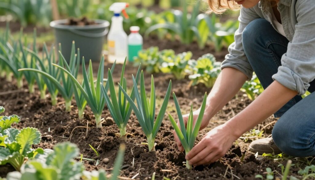 A serene garden scene showcasing diligent care for young leek plants, focusing on various maintenance techniques. In the foreground, a gardener in modest casual clothing is gently tending to the leeks, examining their healthy green foliage. The middle layer features well-organized rows of vibrant, robust leeks with deep green leaves and rich, fertile soil. In the background, a soft-focus view of other garden elements, such as small pesticide spray bottles and compost bins, reflects an organized approach to pest control. The lighting is warm and natural, evoking a sunny afternoon, enhancing the overall atmosphere of growth and nurturing. The angle captures the gardener at eye level to create a connection with the viewer, while maintaining an uplifting and professional mood. A serene garden scene showcasing diligent care for young leek plants, focusing on various maintenance techniques. In the foreground, a gardener in modest casual clothing is gently tending to the leeks, examining their healthy green foliage. The middle layer features well-organized rows of vibrant, robust leeks with deep green leaves and rich, fertile soil. In the background, a soft-focus view of other garden elements, such as small pesticide spray bottles and compost bins, reflects an organized approach to pest control. The lighting is warm and natural, evoking a sunny afternoon, enhancing the overall atmosphere of growth and nurturing. The angle captures the gardener at eye level to create a connection with the viewer, while maintaining an uplifting and professional mood.