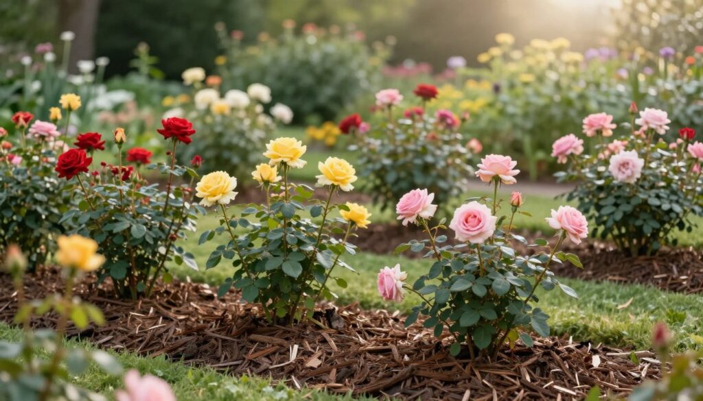 A serene garden scene showcasing freshly mulched rose beds with vibrant, blossoming roses in various colors—red, pink, and yellow. In the foreground, rich dark brown bark mulch is spread evenly around the bases of the roses, enhancing the healthy appearance of the plants. The middle ground features neatly arranged flower beds surrounded by healthy green foliage. In the background, a lush garden filled with greenery and soft morning sunlight filtering through the leaves creates a tranquil atmosphere. The image is captured with a soft focus lens to give a dreamy effect, highlighting the textures of the mulch and the delicate petals of the roses. The overall mood is calming and nurturing, symbolizing the importance of mulching for rose health. A serene garden scene showcasing freshly mulched rose beds with vibrant, blossoming roses in various colors—red, pink, and yellow. In the foreground, rich dark brown bark mulch is spread evenly around the bases of the roses, enhancing the healthy appearance of the plants. The middle ground features neatly arranged flower beds surrounded by healthy green foliage. In the background, a lush garden filled with greenery and soft morning sunlight filtering through the leaves creates a tranquil atmosphere. The image is captured with a soft focus lens to give a dreamy effect, highlighting the textures of the mulch and the delicate petals of the roses. The overall mood is calming and nurturing, symbolizing the importance of mulching for rose health.