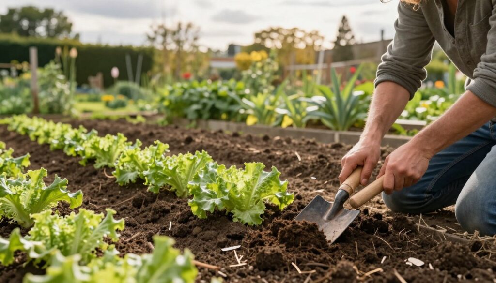 A serene garden scene showcasing soil preparation for autumn lettuce planting. In the foreground, a gardener in modest casual clothing kneels on rich, dark soil, using a hand trowel to turn the earth. The middle ground features organized rows of freshly tilled soil, reflecting careful cultivation, and scattered compost. In the background, vibrant green foliage and trees frame the garden, hinting at the seasonal transition. Soft, diffused sunlight filters through gentle clouds, casting a warm and inviting glow throughout the scene. The atmosphere is calm and focused, emphasizing the importance of preparation in successful planting. A serene garden scene showcasing soil preparation for autumn lettuce planting. In the foreground, a gardener in modest casual clothing kneels on rich, dark soil, using a hand trowel to turn the earth. The middle ground features organized rows of freshly tilled soil, reflecting careful cultivation, and scattered compost. In the background, vibrant green foliage and trees frame the garden, hinting at the seasonal transition. Soft, diffused sunlight filters through gentle clouds, casting a warm and inviting glow throughout the scene. The atmosphere is calm and focused, emphasizing the importance of preparation in successful planting.