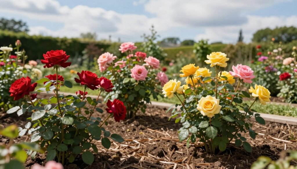 A serene garden scene showcasing the optimal position for roses from Biedronka. In the foreground, vibrant rose bushes in full bloom, displaying a variety of colors such as deep reds, soft pinks, and bright yellows. The middle ground features rich, well-tilled soil surrounded by natural mulch, highlighting the ideal planting conditions. Lush green foliage provides a healthy backdrop. In the background, a soft-focus view of a sunny sky with gentle clouds conveys a warm, inviting mood, suggesting ideal weather for planting. The lighting is bright and natural, enhancing the colors of the flowers. The composition is taken from a slight overhead angle to capture both the beauty of the roses and the surrounding garden environment. A serene garden scene showcasing the optimal position for roses from Biedronka. In the foreground, vibrant rose bushes in full bloom, displaying a variety of colors such as deep reds, soft pinks, and bright yellows. The middle ground features rich, well-tilled soil surrounded by natural mulch, highlighting the ideal planting conditions. Lush green foliage provides a healthy backdrop. In the background, a soft-focus view of a sunny sky with gentle clouds conveys a warm, inviting mood, suggesting ideal weather for planting. The lighting is bright and natural, enhancing the colors of the flowers. The composition is taken from a slight overhead angle to capture both the beauty of the roses and the surrounding garden environment.